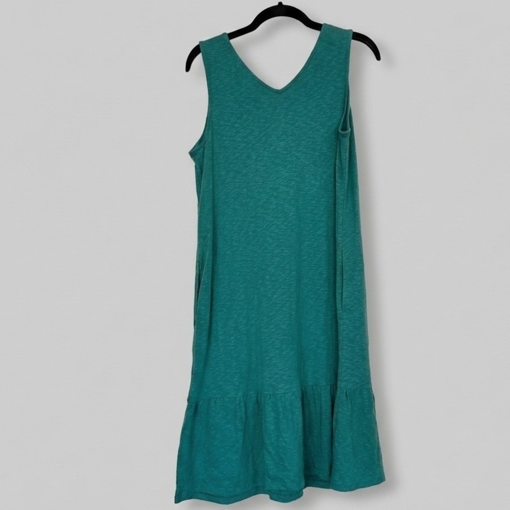 J. Jill Flounced-Hem Double V-Neck Knit Dress Teal Green XS Sleeveless Pockets